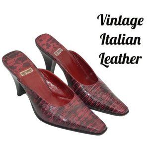 Vintage Versani Red Italian Leather Snakeskin Croc Kitten Mules Heels 5.5